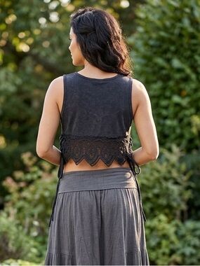 Zara Trafaluc Black Suedette Crochet Lace Tie Side Crop Top S